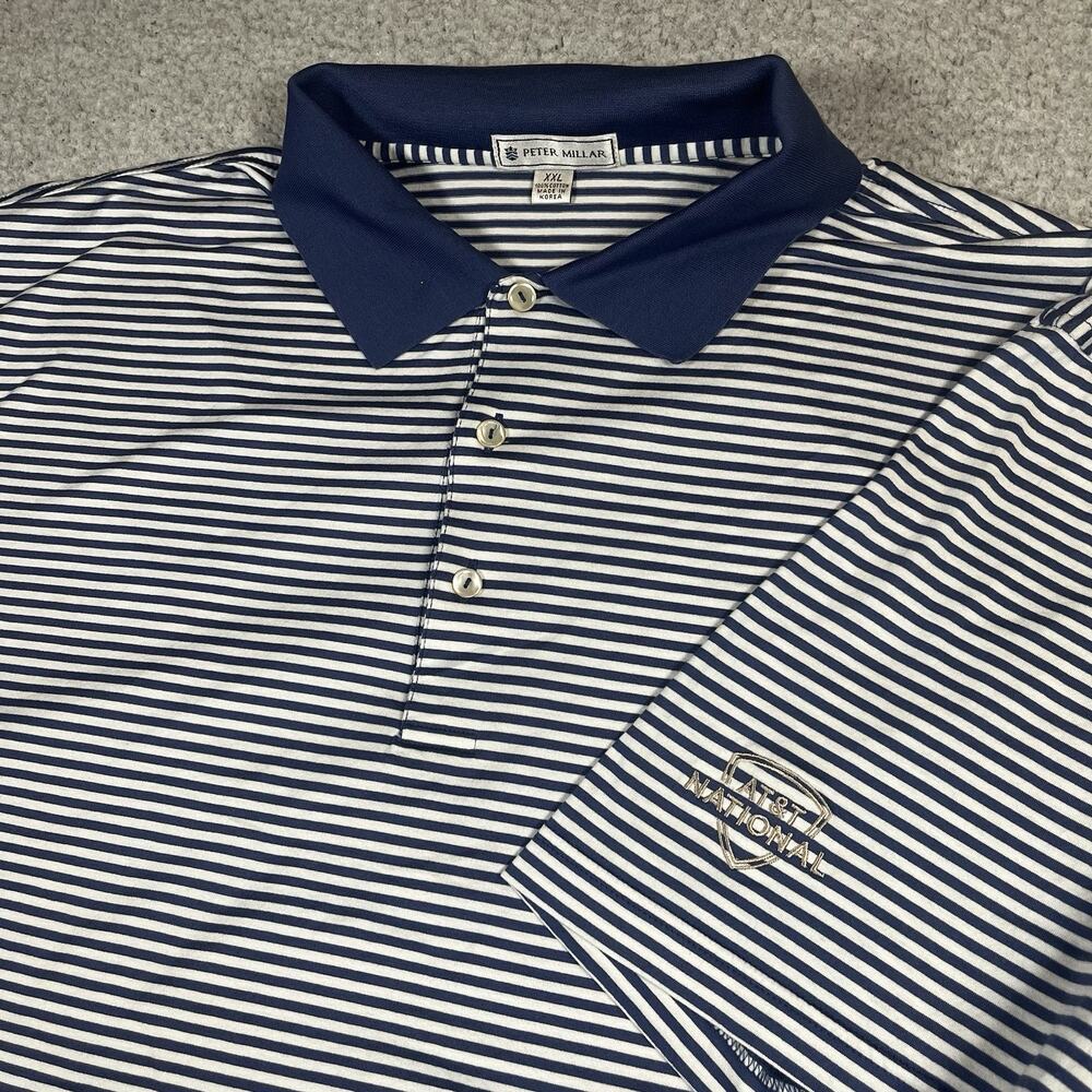 Peter Millar Polo Shirt Mens 2XL Blue Stripe AT&T National Golf Logo Cotton